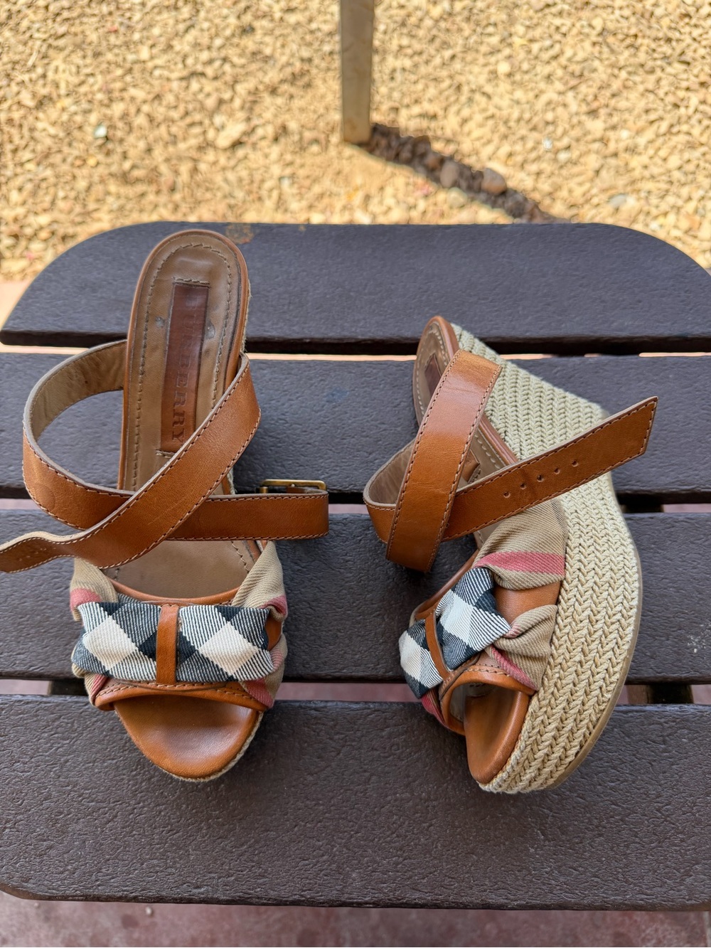 Burberry Brown Leather & Check Bow Wedge Sandals